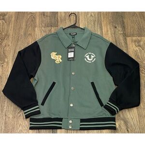 True Religion Men's Green and Black Fleece Varsity Jacket NWT $159 Sz L